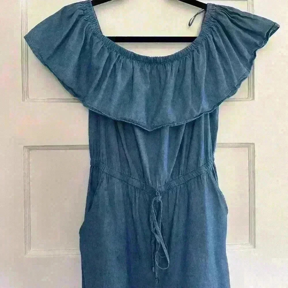 Jealous Tomato Blue Denim Off Shoulder Jumpsuit w/ front Pockets- Size M